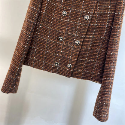 Women's jacket New outerwears autumn 2024 double breasted slim fit long sleeved top High quality wool blended plaid Women's coat