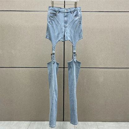 Women's jeans 2024 Autumn New Pure cotton Splicing Women's pants Sexy hollow pencil pants High waisted slim fit floor pants y2k