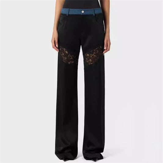 Women's pants 2024 Autumn New Fashion Denim splicing Straight pants Transparent lace patchwork women's casual pants y2k Trousers