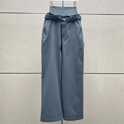 Women's pants 2024 Autumn New in Fashion Splicing Elastic Waist Straight Leg Pants cotton blend High waisted slim wide leg pants