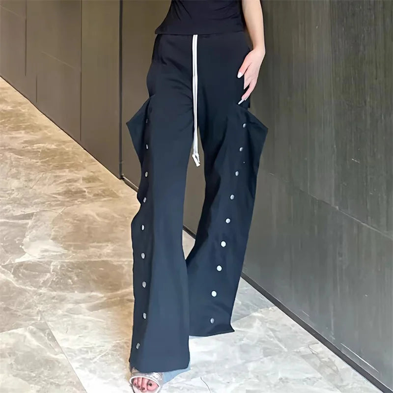 Women's pants 2024 autumn New in fashion Rivet drawstring high waisted straight leg pants Couple style loose cotton Trousers y2k