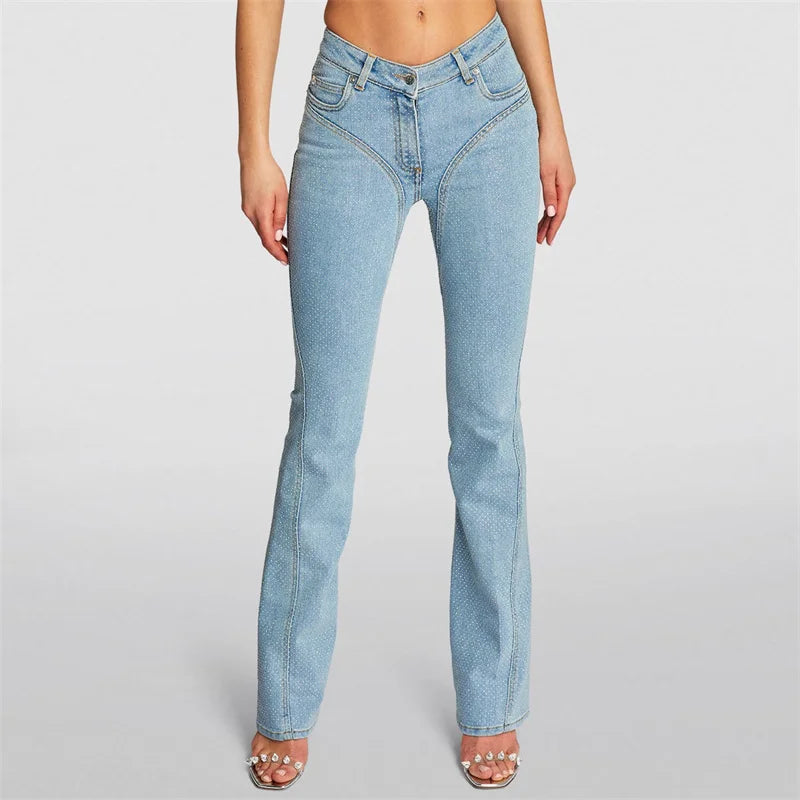 Women's pants New Summer 2024 Laser Full Diamond Jeans cotton denim high waisted slim fit flared pants y2k Retro washed Trousers