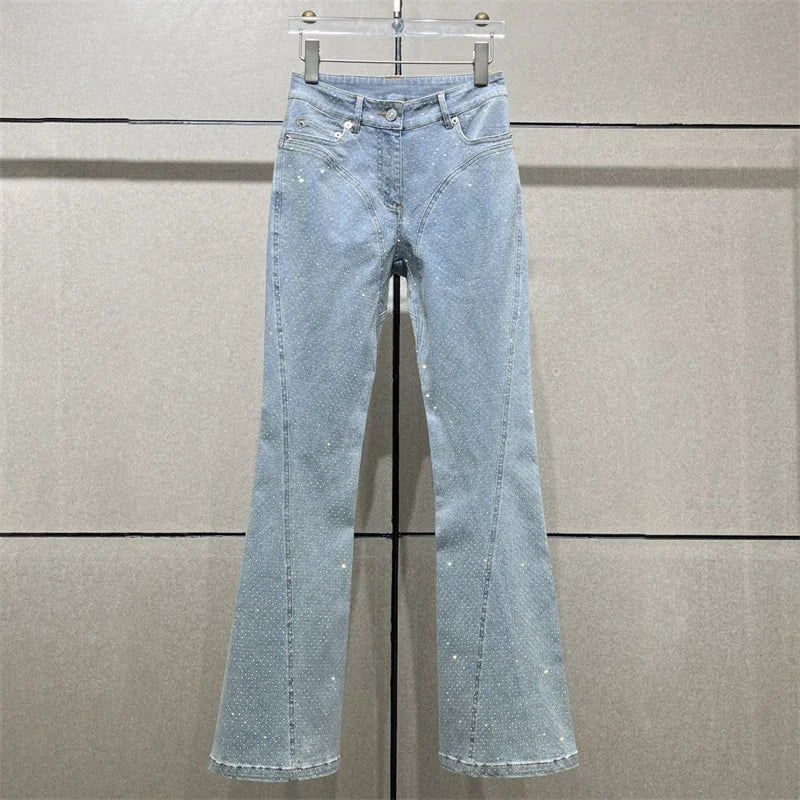 Women's pants New Summer 2024 Laser Full Diamond Jeans cotton denim high waisted slim fit flared pants y2k Retro washed Trousers