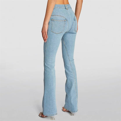 Women's pants New Summer 2024 Laser Full Diamond Jeans cotton denim high waisted slim fit flared pants y2k Retro washed Trousers