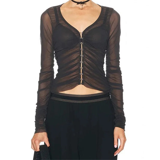 Women's shirt 2024 summer New pleated slim fit heart-shaped collar long sleeved top Sexy perspective Women's blouse y2k corset