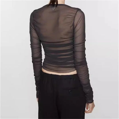 Women's shirt 2024 summer New pleated slim fit heart-shaped collar long sleeved top Sexy perspective Women's blouse y2k corset