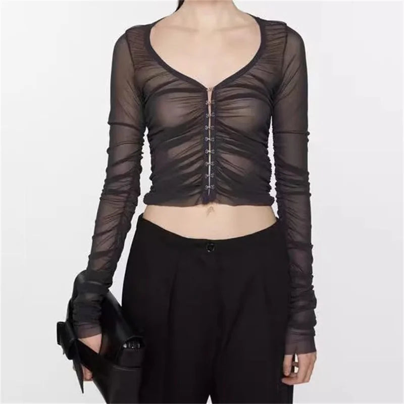 Women's shirt 2024 summer New pleated slim fit heart-shaped collar long sleeved top Sexy perspective Women's blouse y2k corset