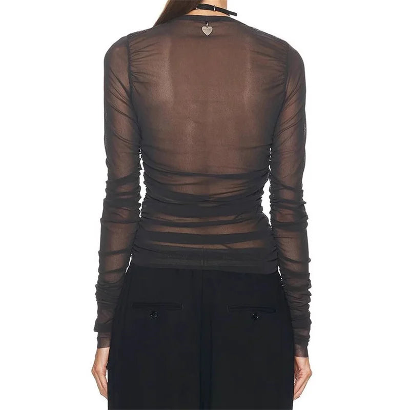 Women's shirt 2024 summer New pleated slim fit heart-shaped collar long sleeved top Sexy perspective Women's blouse y2k corset