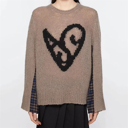 Women's sweater 2024 Autumn Fashion Splicing pullover Hoodie Seahorse wool blend long sleeved Top Heart-shaped printing knitwear