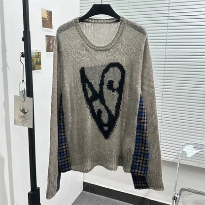 Women's sweater 2024 Autumn Fashion Splicing pullover Hoodie Seahorse wool blend long sleeved Top Heart-shaped printing knitwear