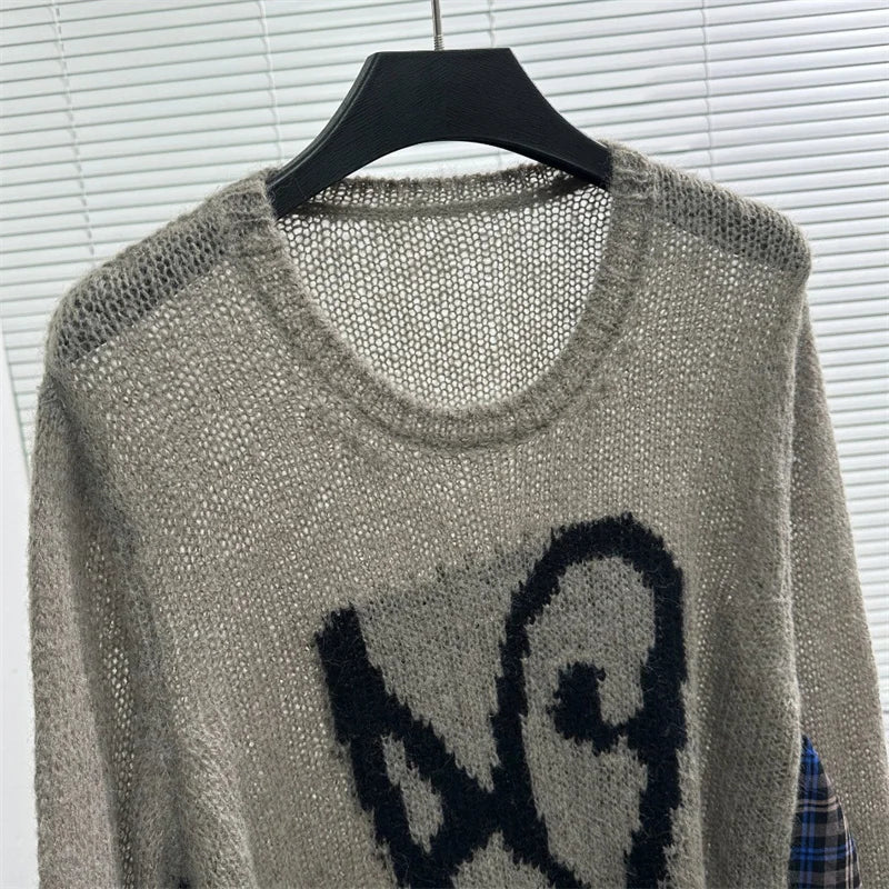 Women's sweater 2024 Autumn Fashion Splicing pullover Hoodie Seahorse wool blend long sleeved Top Heart-shaped printing knitwear