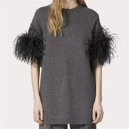 Women's sweater 2024 Autumn New Fashion Feather Splicing Round Neck pullover 100% wool short sleeved top Elastic slim knitwear