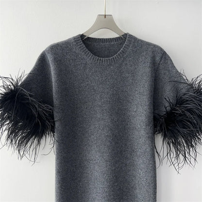 Women's sweater 2024 Autumn New Fashion Feather Splicing Round Neck pullover 100% wool short sleeved top Elastic slim knitwear