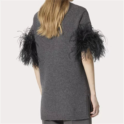 Women's sweater 2024 Autumn New Fashion Feather Splicing Round Neck pullover 100% wool short sleeved top Elastic slim knitwear