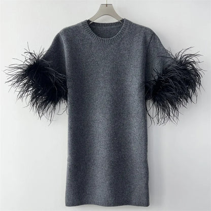 Women's sweater 2024 Autumn New Fashion Feather Splicing Round Neck pullover 100% wool short sleeved top Elastic slim knitwear