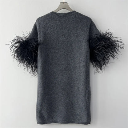 Women's sweater 2024 Autumn New Fashion Feather Splicing Round Neck pullover 100% wool short sleeved top Elastic slim knitwear