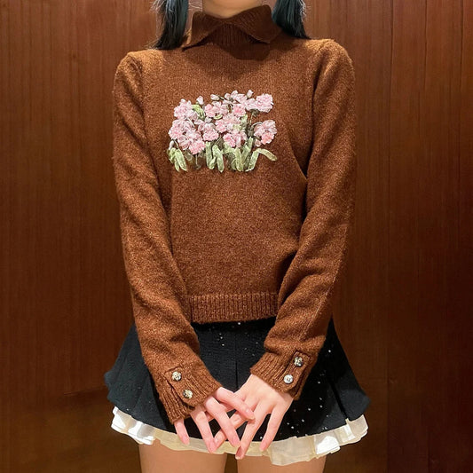 Women's sweater 2024 Autumn New Fashionable Flower Embroidered Pullover wool blend Women's long sleeved top y2k Elastic Knitwear