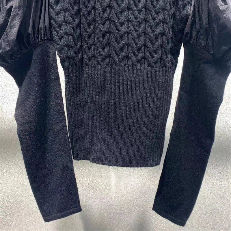 Women's sweater 2024 Autumn New in Fashion Splicing Women's long sleeved top Elastic slim high neck pullover wool blend Knitwear