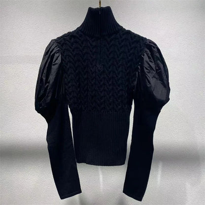 Women's sweater 2024 Autumn New in Fashion Splicing Women's long sleeved top Elastic slim high neck pullover wool blend Knitwear