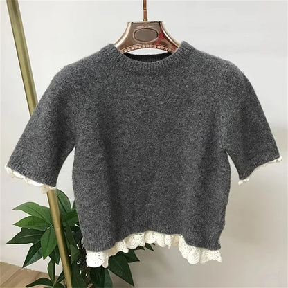 Women's sweater 2024 Autumn New in Fashionable Flower Embroidered Round Neck Pullover Wool blend short sleeved top y2k Knitwear