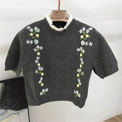 Women's sweater 2024 Autumn New in Fashionable Flower Embroidered Round Neck Pullover Wool blend short sleeved top y2k Knitwear