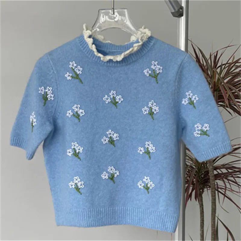 Women's sweater 2024 Autumn New in Fashionable Flower Embroidered Round Neck Pullover Wool blend short sleeved top y2k Knitwear