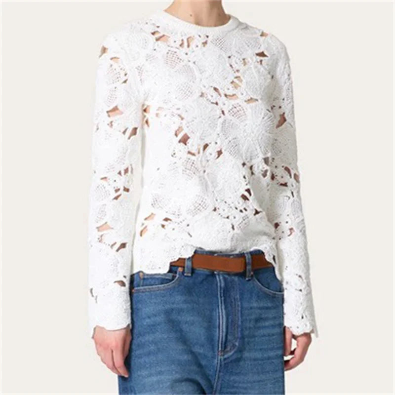 Women's sweater 2024 autumn Flower embroidery round neck pullover Elastic knitted hollow out Long sleeved Top 100% wool knitwear