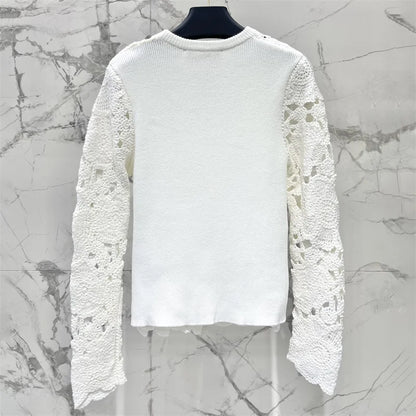 Women's sweater 2024 autumn Flower embroidery round neck pullover Elastic knitted hollow out Long sleeved Top 100% wool knitwear