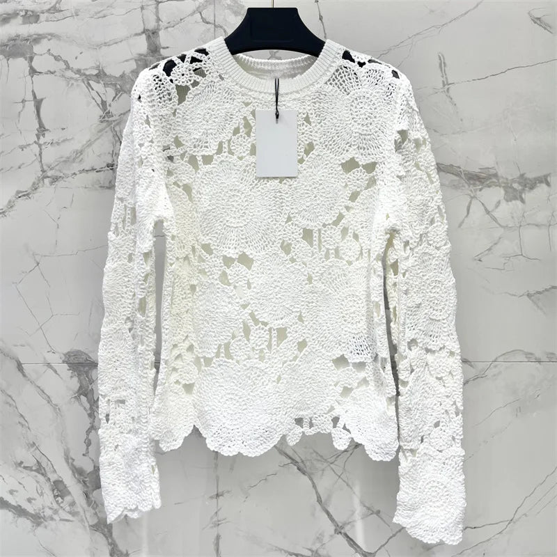 Women's sweater 2024 autumn Flower embroidery round neck pullover Elastic knitted hollow out Long sleeved Top 100% wool knitwear