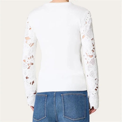 Women's sweater 2024 autumn Flower embroidery round neck pullover Elastic knitted hollow out Long sleeved Top 100% wool knitwear