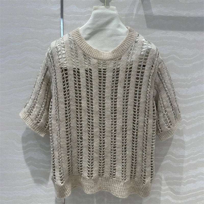 Women's sweater 2024 autumn New elastic knitted hollow short sleeved top  High quality wool blended round neck pullover knitwear