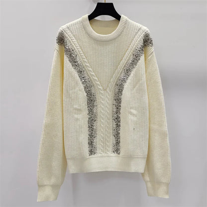 Women's sweater 2024 autumn New in elastic knitted slim pullover Fashion hot diamond Women's long sleeve top Wool blend knitwear