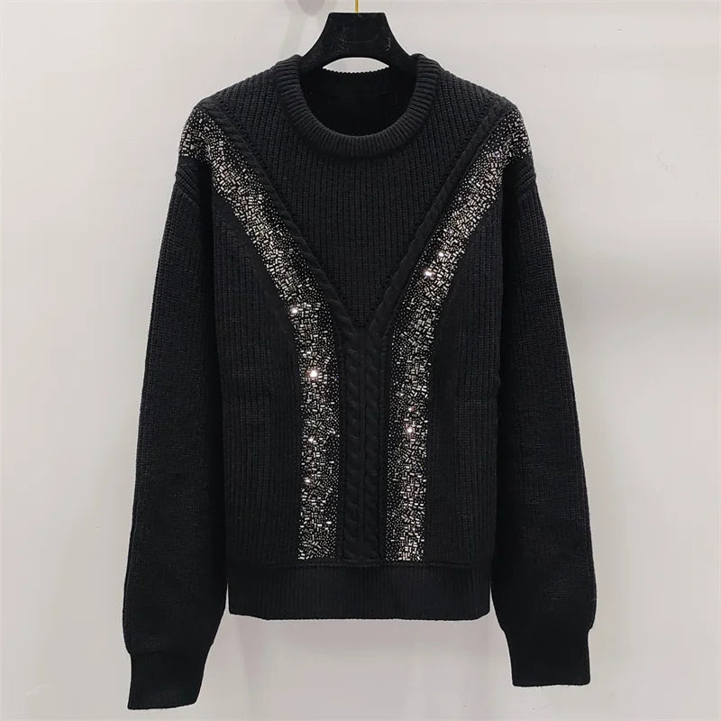 Women's sweater 2024 autumn New in elastic knitted slim pullover Fashion hot diamond Women's long sleeve top Wool blend knitwear