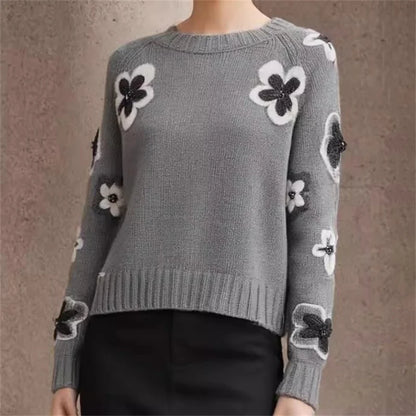 Women's sweater New in autumn 2024 floral embroidered round neck pullover stretch knitted slim women's long sleeved top Knitwear