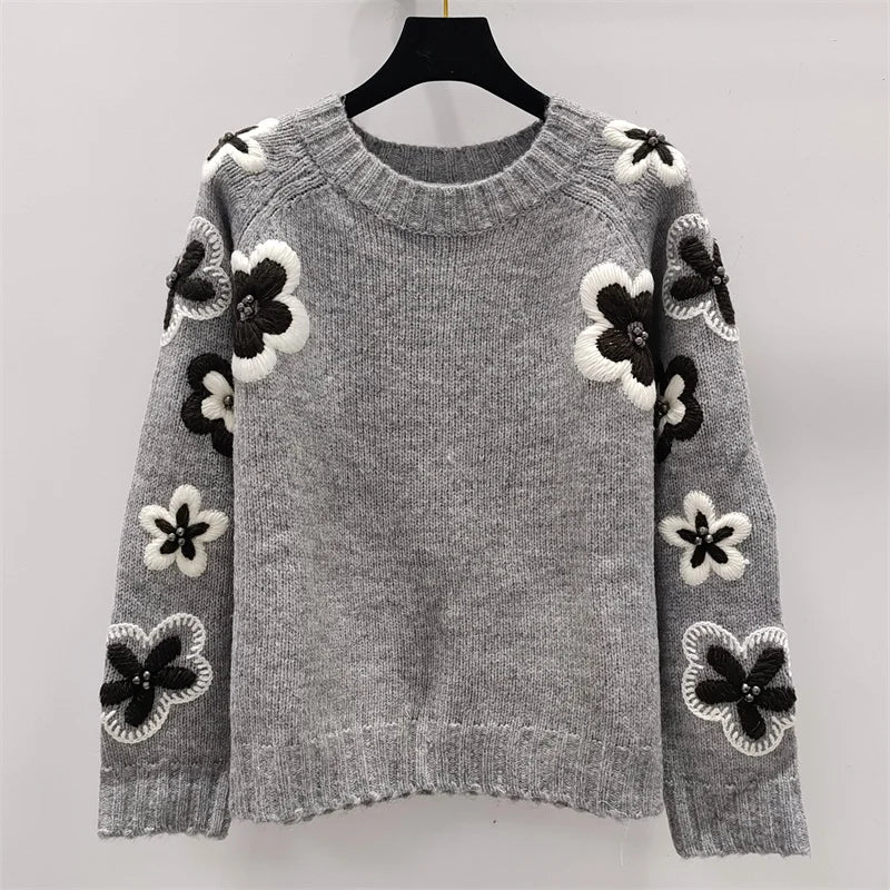 Women's sweater New in autumn 2024 floral embroidered round neck pullover stretch knitted slim women's long sleeved top Knitwear