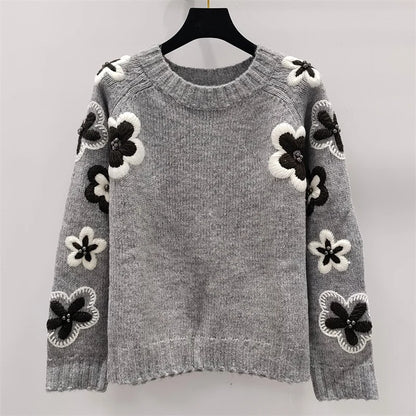 Women's sweater New in autumn 2024 floral embroidered round neck pullover stretch knitted slim women's long sleeved top Knitwear