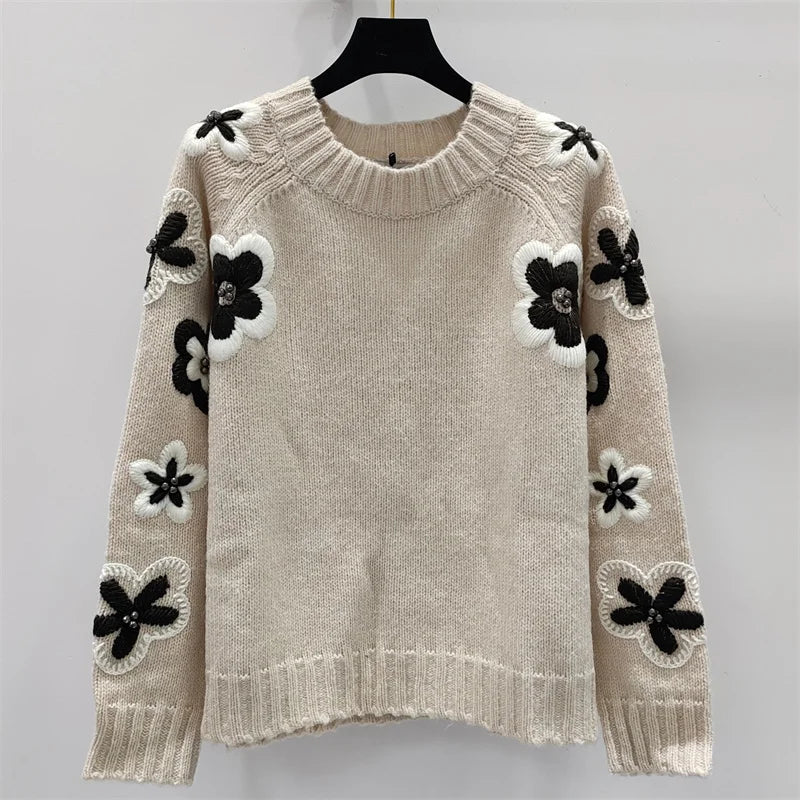 Women's sweater New in autumn 2024 floral embroidered round neck pullover stretch knitted slim women's long sleeved top Knitwear