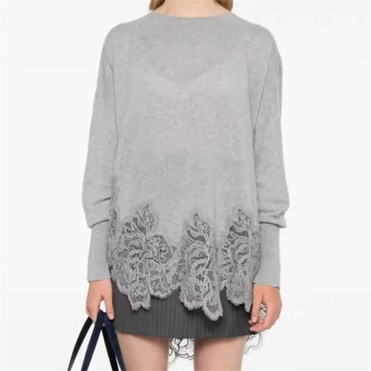 Women's sweater New in lace embroidered patchwork pullover for autumn 2024 cashmere blend Women's long sleeved top y2k Knitwear