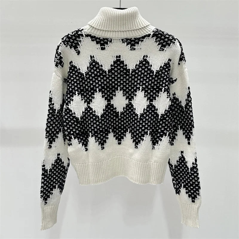 Women's sweater New style diamond grid jacquard long sleeved top for autumn 2024Cashmere blend knitwear y2k Women's turtleneck