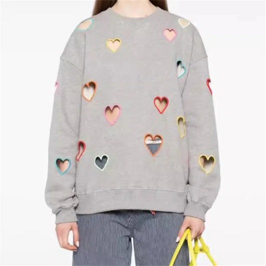 Women's sweatshirts 2024 Autumn New Heart embroidered round neck pullover High quality pure cotton long sleeved top y2k clothes