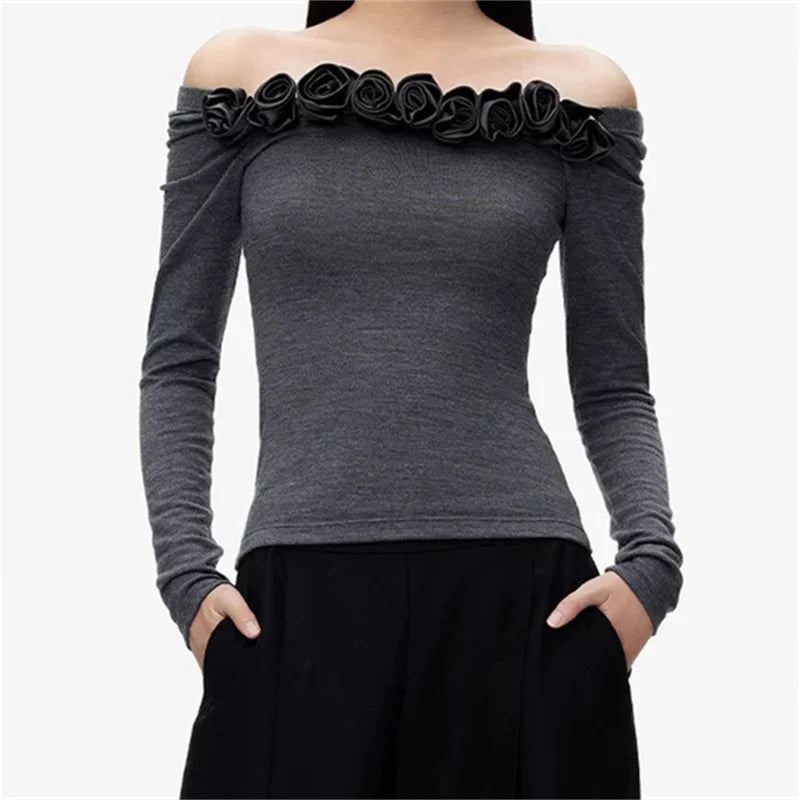 Women's t-shirt 2024 Autumn New in 3D Flower Decorative Women's long sleeve top Sexy off shoulder pullover Elastic slim crop top