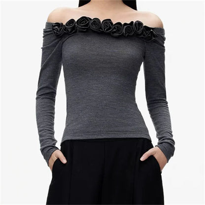 Women's t-shirt 2024 Autumn New in 3D Flower Decorative Women's long sleeve top Sexy off shoulder pullover Elastic slim crop top