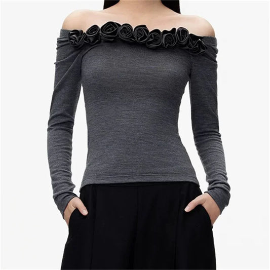 Women's t-shirt 2024 Autumn New in 3D Flower Decorative Women's long sleeve top Sexy off shoulder pullover Elastic slim crop top