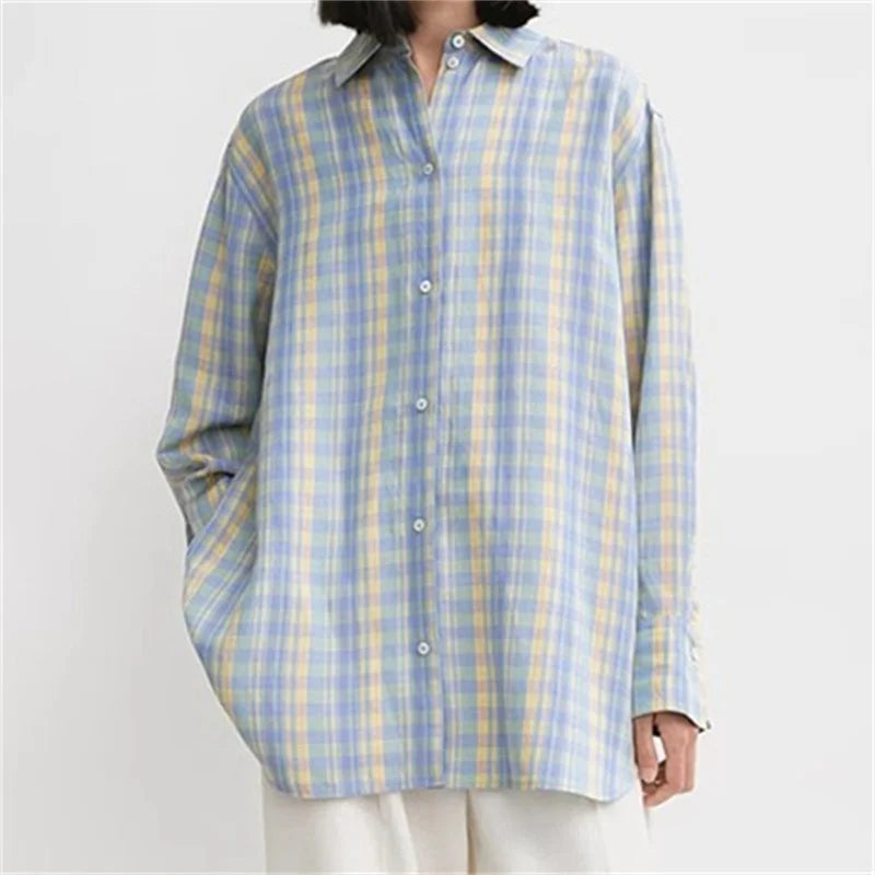 Women shirts 2024 Autumn New in Checkered Printed Long Sleeve Top High quality linen blend Blouse Casual versatile thin coat 2k