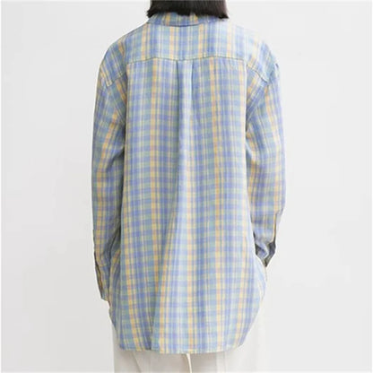 Women shirts 2024 Autumn New in Checkered Printed Long Sleeve Top High quality linen blend Blouse Casual versatile thin coat 2k