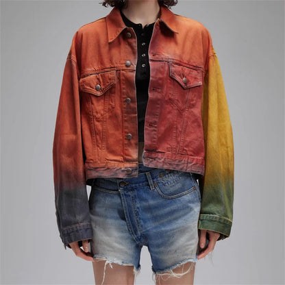 Womens denim jacket 2024 Summer New in outerwear Retro Wash Gradient Women's Coat High quality pure cotton long sleeved top y2k