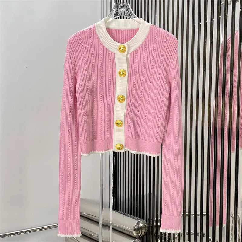 cardigan 2024 Summer New Korean Fashion Women's Coat Metal button decoration long sleeved top Elastic knitted Sweater Knitwear