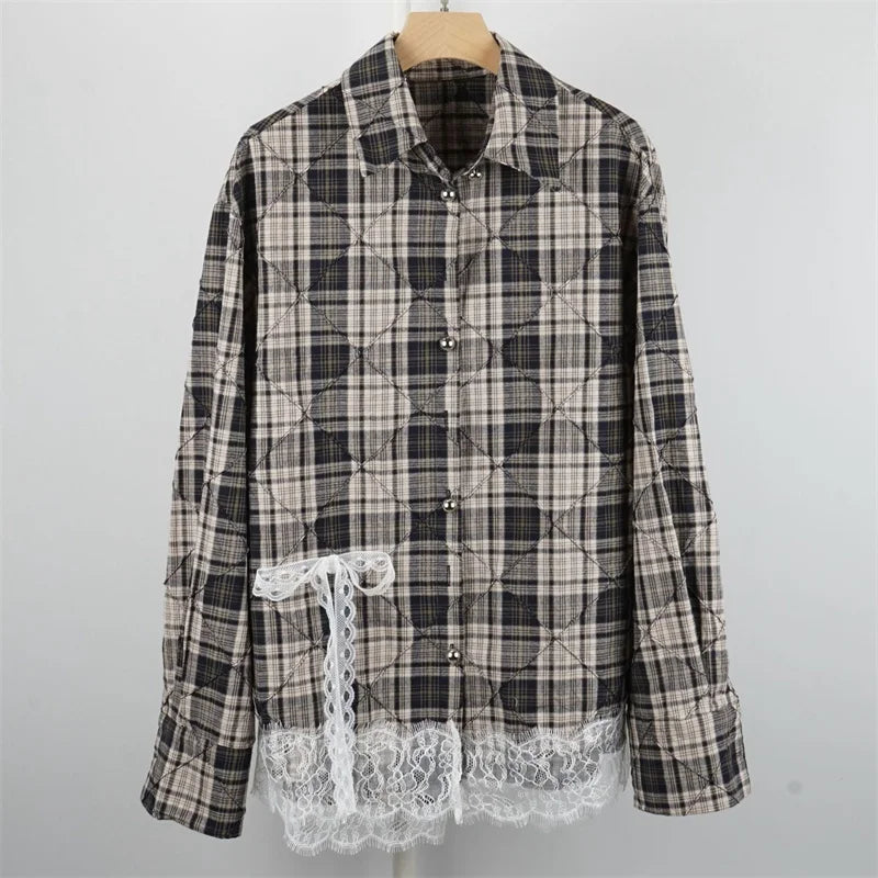 women's blouses trend 2024 Autumn new lace patchwork pure cotton long sleeved top plaid women's shirt korean popular clothes y2k