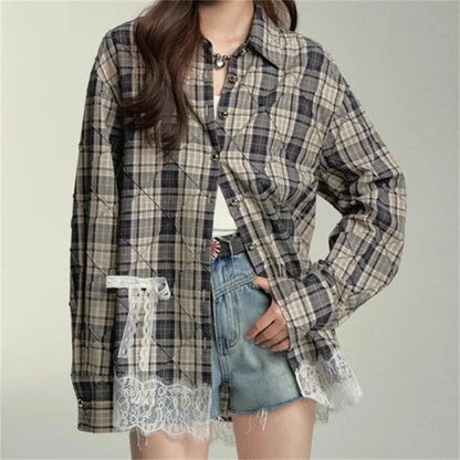 women's blouses trend 2024 Autumn new lace patchwork pure cotton long sleeved top plaid women's shirt korean popular clothes y2k