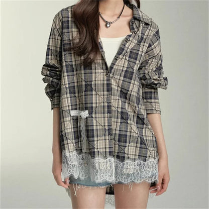 women's blouses trend 2024 Autumn new lace patchwork pure cotton long sleeved top plaid women's shirt korean popular clothes y2k